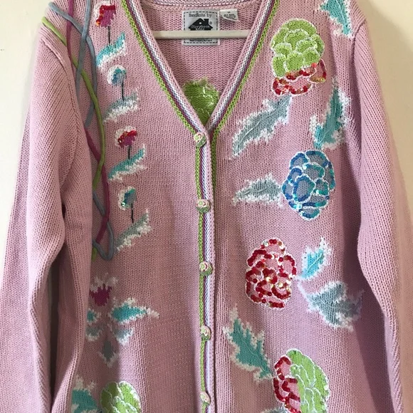 Handknits by Storybook Knits Sequin Peonies Embroidered Cardigan Cottagecore 1X - Picture 9 of 16